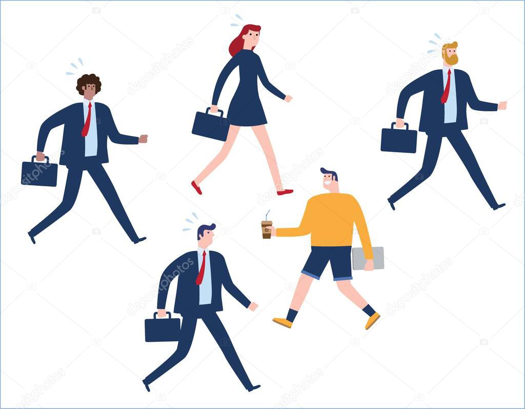Business concept as a group of businesspeople in one direction and with one individual pointing in the different way as a business icon for innovative solution,minimal