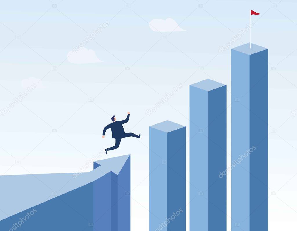 Businessman running to the top of the graph. Business concept of goals, success, ambition, achievement and challenge. vector illustration cartoon flat design.
