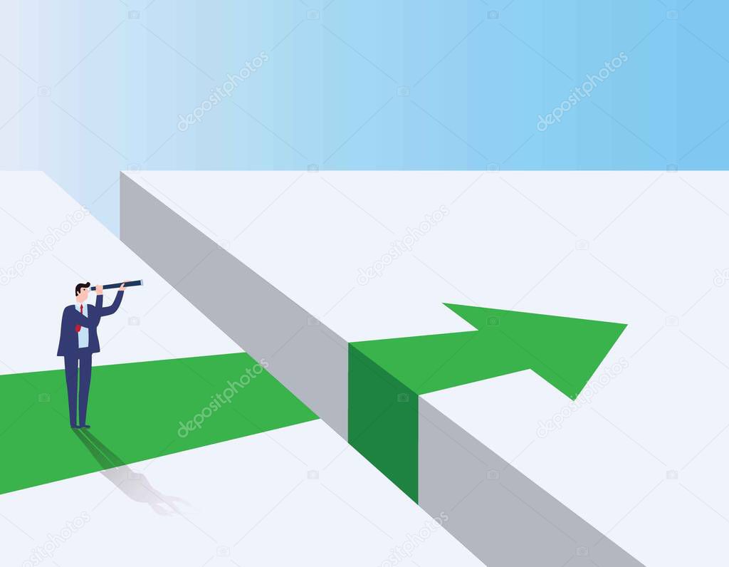 Business visionary vector concept. businessman looking with telescope over gap. Business challenge, future symbol. Vector flat cartoon character design illustration.