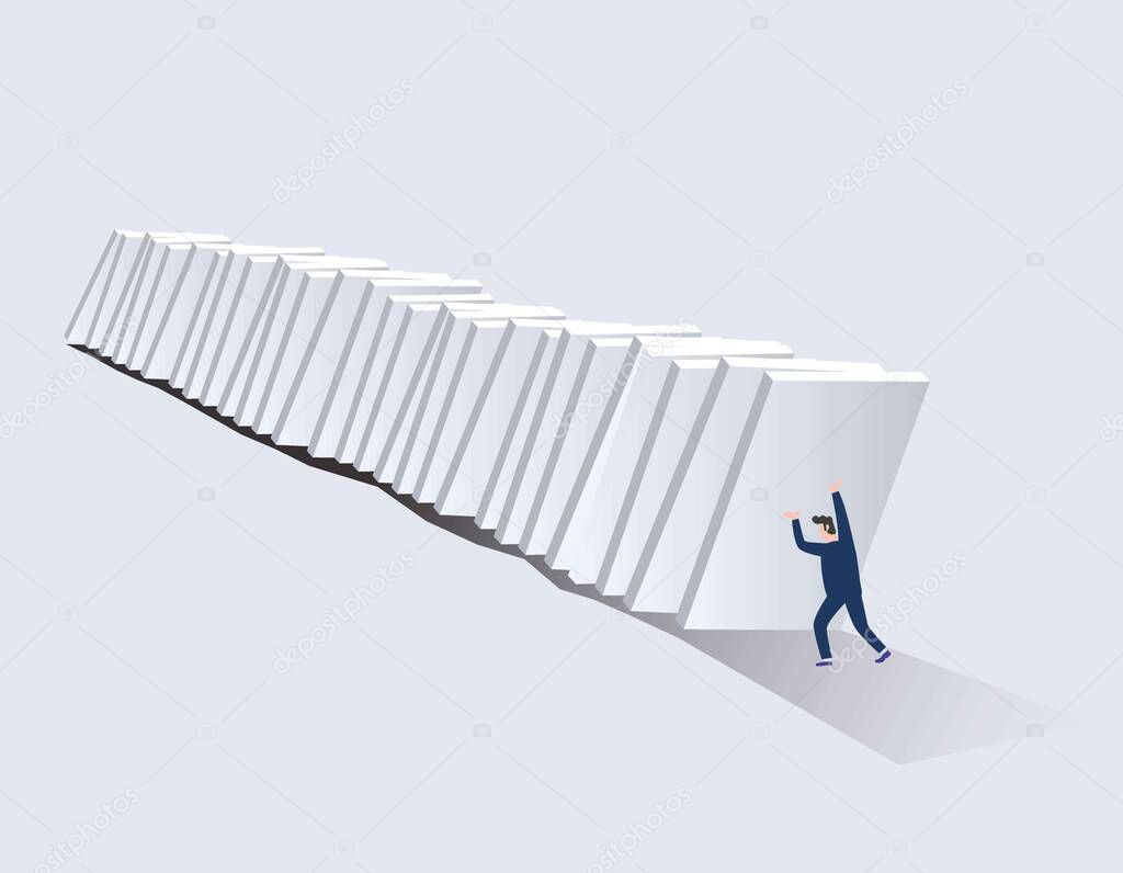 Businessman stopping falling domino vector concept. Symbol of crisis, risk, management, leadership and determination. Vector flat cartoon character design illustration.