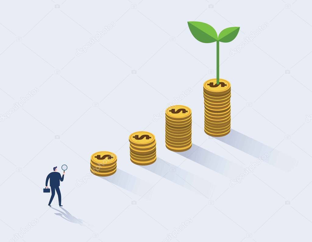 Businessman looking for investment opportunity standing on money growth graph. Profit Stock Market. Investor business concept. Vector flat cartoon illustration flat design.