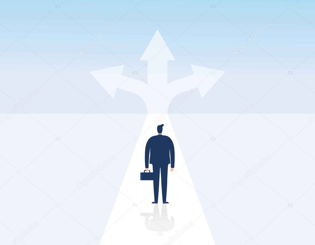 Choice way concept. Crossroads arrows. Decide direction. Decision business metaphor. Businessman before choosing. invester standing choice of ways. Vector illustration Eps10 flat cartoon character de