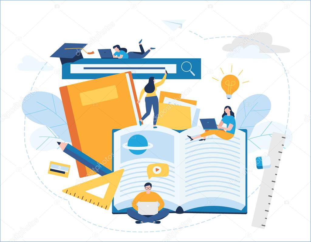 online training courses vector illustration. distance education banner. internet studying book tutorials e-learning concept. young student using laptop. flat cartoon character design for web mobile