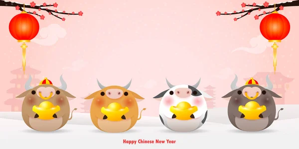 Feliz Año Nuevo Chino 2021 Tarjeta Felicitación Grupo Vaca Pequeña — Archivo Imágenes Vectoriales