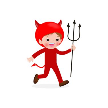 Mutlu Cadılar Bayramı. Tatlı küçük Kırmızı Şeytan, Cadılar Bayramı kostümlü çocuklar beyaz arka planda izole edilmiş. Çocuk Kostümü Partisi Vektör İllüstrasyonu.