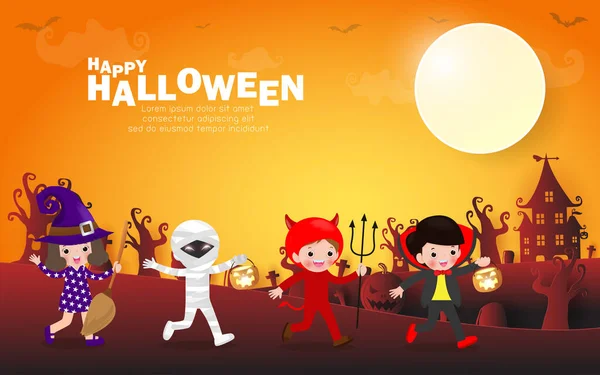 Cartel Fiesta Halloween Feliz Lindo Grupo Niños Vestidos Con Disfraz — Vector de stock