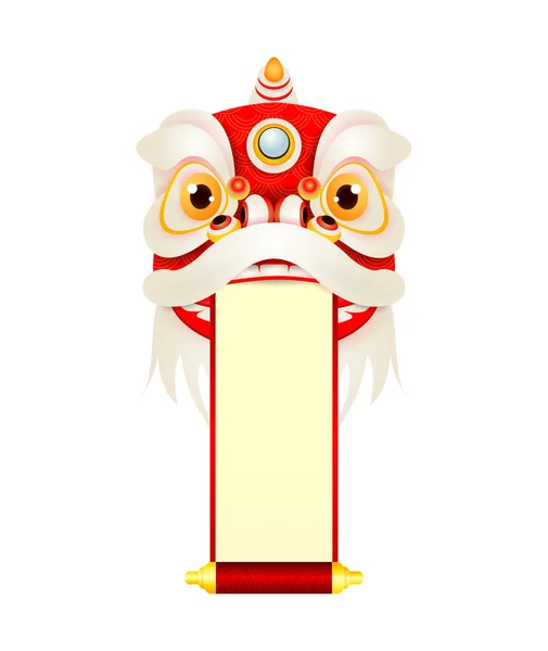 Feliz Ano Novo Chinês Lion Dance Head Com Pergaminho Branco — Vetor de Stock