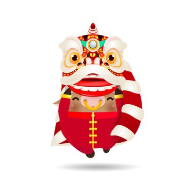 Mutlu Çin Yeni Yılı 2021 Öküz Yılı, şirin Küçük İnek, Aslan Dansı, tebrik kartı Zodiac Çizgi Film Çizgi Filmi, beyaz arka planda izole edilmiş..