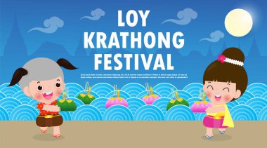 Loy Krathong Festivali pankartı, Taylandlı şirin bir çiftin dolunay gecesi krathong giyip fenerlerle Tayland 'ın Kültür ve Kutlama posterlerinin arka plan taşıyıcı şablonunu taşıdığı bir konsept.