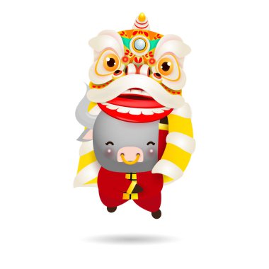 Mutlu Çin Yeni Yılı 2021 Öküz Yılı, şirin Küçük İnek, Aslan Dansı, tebrik kartı Zodiac Çizgi Film Çizgi Filmi, beyaz arka planda izole edilmiş..