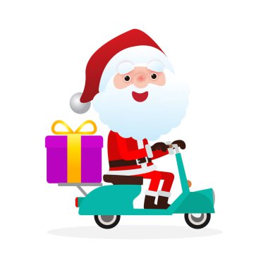 Noel arifesinde Noel arifesinde hediye yollamak için motosiklet süren Noel Baba 'nın mutlu bir gülümsemesi.