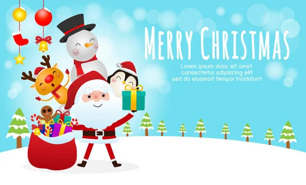 Veselé Vánoce Šťastný Nový Rok Přání Roztomilým Santa Claus Soby — Stockový vektor