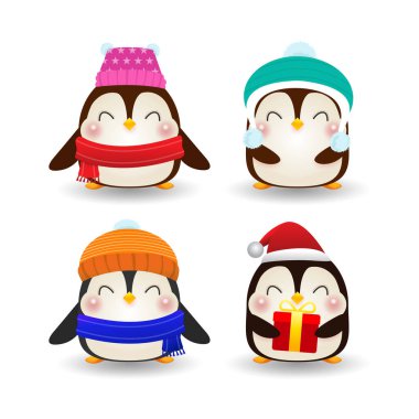 Mutlu Noeller ve mutlu yeni yıl posterleri, Noel şapkalı mutlu penguenler grubu Noel Baba ve beyaz arka planda izole edilmiş Noel hediyeleri.