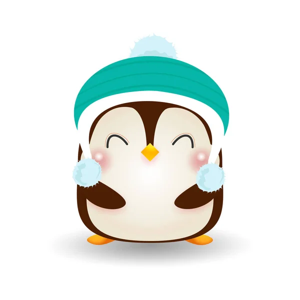 Merry Christmas Happy New Year Happy Penguin Wearing Christmas Hats — Stock Vector