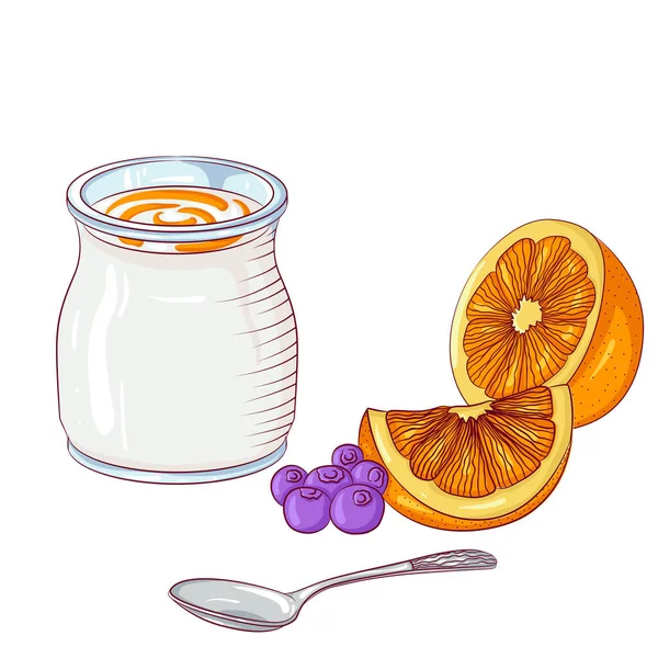 Yogur con naranja sobre fondo blanco — Vector de stock