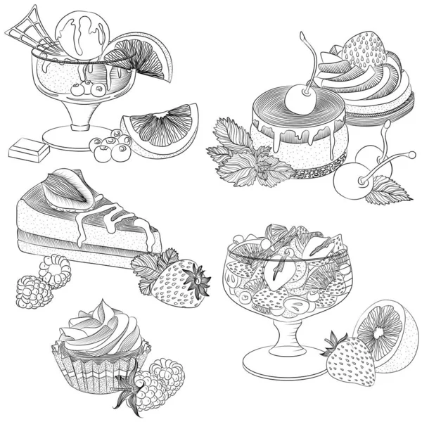 Line art various fruit desserts — Stock Vector