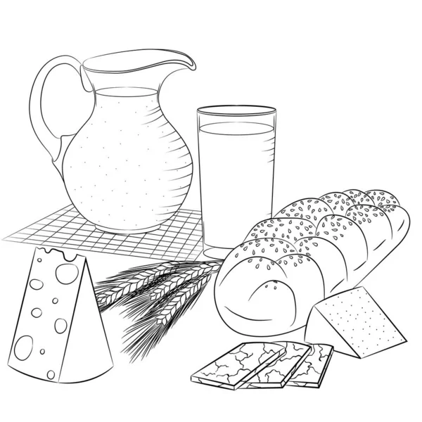 Γραμμή τέχνη γαλακτοκομικά προϊόντα και ψωμί — Διανυσματικό Αρχείο
