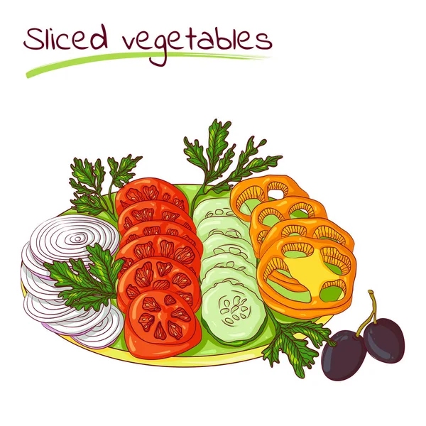 Verduras en rodajas en un plato — Vector de stock