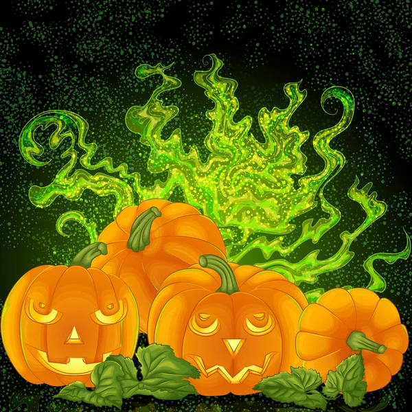Spooky pumpkins on the magic foggy background — Stock Vector