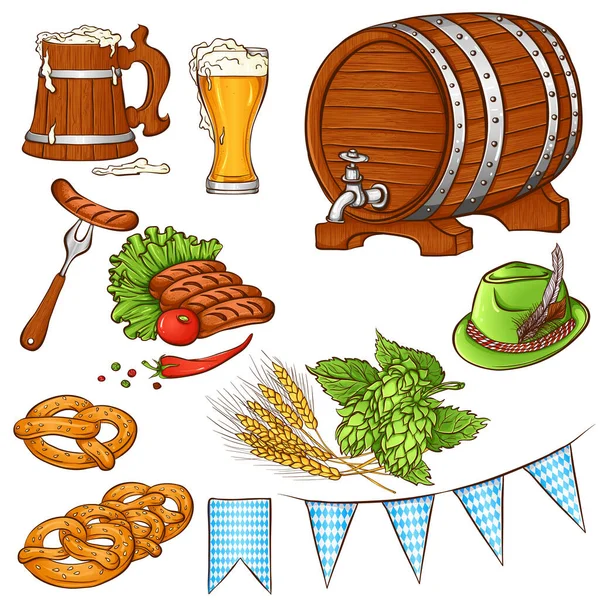 Set con elementos tradicionales del festival de la cerveza Oktoberfest. — Archivo Imágenes Vectoriales