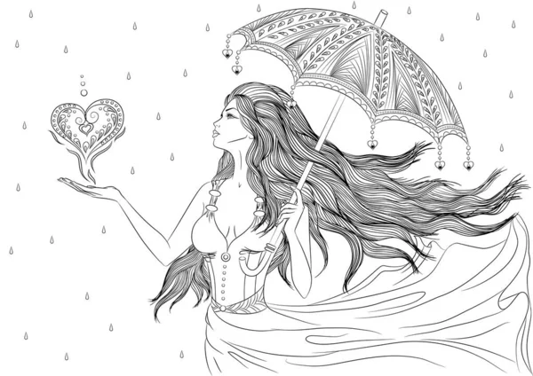 Линейное искусство девушки под зонтиком — стоковый вектор