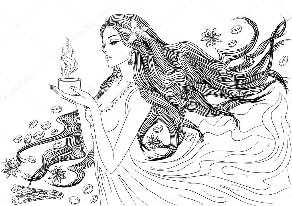 Line art of girl with coffee cup
