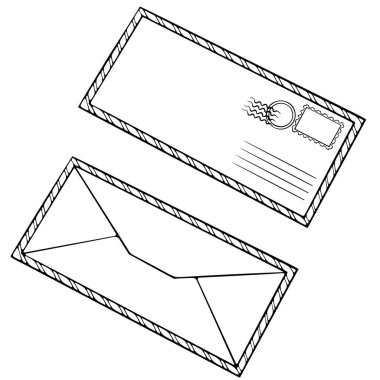 Posta zarfının önü ve arkası perspektifli. Posta, mesaj, yazışma, iletişim tasarımı için. Elle çizilmiş taslak biçiminde vektör illüstrasyonu. Çizgi sanatı yazdırmak için beyaza izole edildi