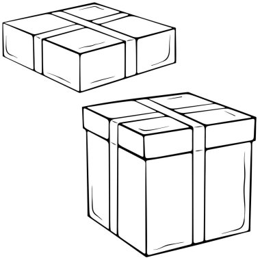 Kurdeleli iki hediye kutusu. Hediyeler ve kutlamalar, Noel, doğum günü, ambalaj, poster, tebrik kartı, dekor. Elle çizilmiş taslak biçiminde vektör illüstrasyonu. Çizgi sanatı beyazda izole