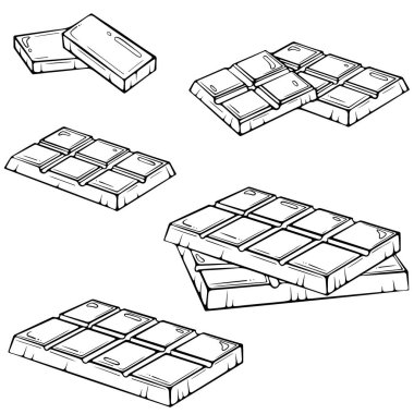 Farklı çikolata setleri. Pastane paketleri, tarif çizimleri, tatlı tasarımı, tatlı grafik projeleri için. Elle çizilmiş taslak biçiminde vektör illüstrasyonu. Çizgi sanatı yazdırmak için beyaza izole edildi