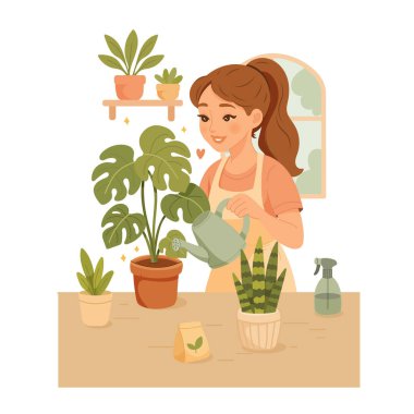 Kapalı alan bitkilerini sulayan, ev işleri, bakım ve çevre dostu yaşam tarzını destekleyen gülümseyen genç bir kadının düz stil web çizimi.