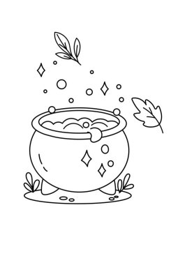 Yaprakları ve ışıltıları olan siyah ve beyaz köpüklü kazan. Cadılar Bayramı temalı boyama sayfaları, DIY el sanatları ya da ürkütücü dekorlar için mükemmel..