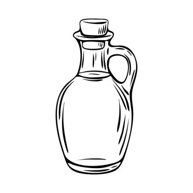 Akdeniz oymacılığı tarzında bir zeytinyağı şişesinin siyah-beyaz çizimi. Paketleme, etiketleme ve gıda markası için ideal.