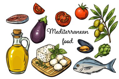 Yağlı, sebzeli, balıklı, peynirli ve zeytinli Akdeniz yemekleri koleksiyonu. Markalaşma, menü tasarımı veya ambalaj için ideal.