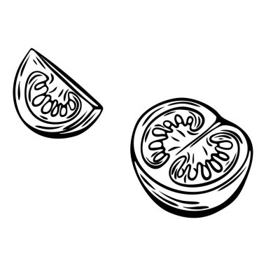 Siyah-beyaz domates eskizi, dilimlenmiş ve kabartma şeklinde. Markalaşma, ambalaj ya da boyama sayfaları için mükemmel..