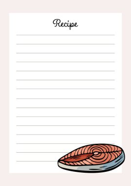 İçinde somon ya da ton balıklı biftek gravürü olan düzenlenebilir tarif kağıtları. Akdeniz yemek organizatörleri, bloglar veya ticari menüler için mükemmel.