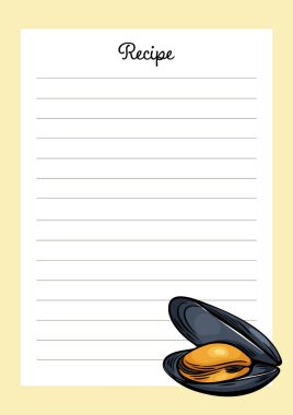 Boş tarif şablonu elle çizilmiş oyma stiliyle dekore edilmiş. Akdeniz gıda menüsü, blog veya ürün kullanımı için harika.