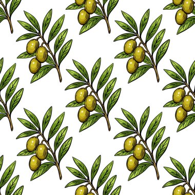 İşleme tarzında zeytin dalları ile el çizimi kusursuz desen. Akdeniz gıda markası, ambalaj ve tekstil ürünleri için mükemmel..