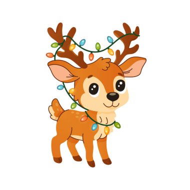 Sevimli bir çizgi film geyiği Noel ağacı süsü takıyor. Geyik beyaz arka planda duruyor.