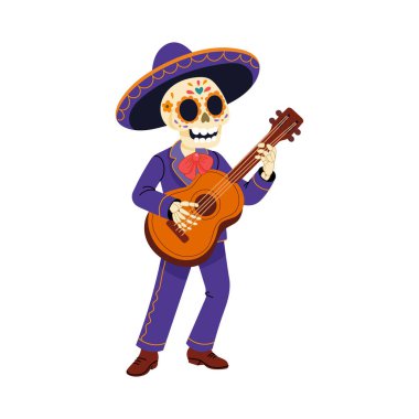 Şapka giymiş bir iskelet ve gitar çalan mor bir takım elbise. İmaj, bir Meksika bayramının temsilcisi olarak neşeli ve neşeli bir havaya sahip.
