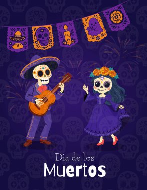 Çalan Mariachi iskeletinin, dans eden Catrina 'nın, Picado Garland' ın ve havai fişeklerin bulunduğu renkli Ölüler Günü kartı..