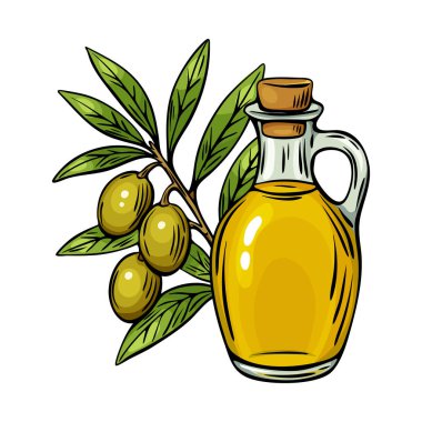 Yapraklı bir zeytin ağacının yanında bir şişe zeytin yağı gösterilir. Şişe cam bir vazonun içinde ve ağaç yeşil yapraklarla dolu. Tazelik ve doğallık kavramı