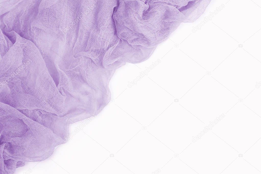 Lilac gauze fabric isolated on white background. Top view.