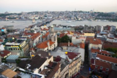 Bulanık (odak) cityscape gün batımı sırasında. Havadan görünümü. Istanbul, Türkiye.