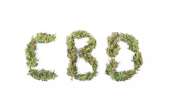 Word CBD made of fresh green marijuana flowers or buds on white background.