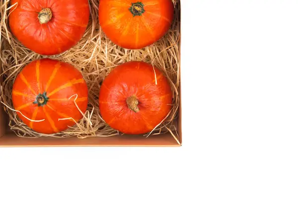 Vista Superior Pequeñas Calabazas Naranjas Caja Artesanal Aislada Sobre Fondo —  Fotos de Stock