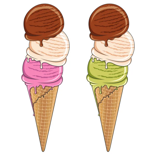 一套可口的冰淇淋 三个不同颜色的球 矢量颜色插图 白色背景上的孤立对象 — 图库矢量图片