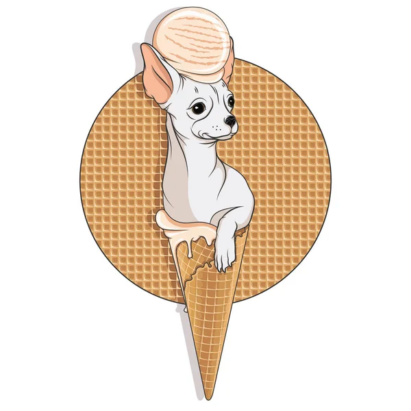 Ilustrace Pes Chihuahua Šálku Vafle Zmrzlinou Jeho Hlavu Barevné Vektorové — Stockový vektor