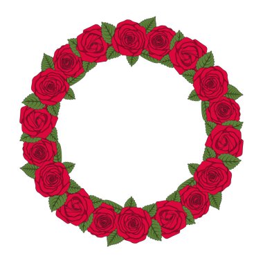Yuvarlak bir çelenk kırmızı gül renkli Illustration. Beyaz arka plan üzerinde izole vektör nesnesi.