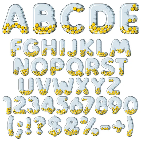 膨脹可能なアルファベット 数字およびボールと標識 色ベクトルのセットは白い背景上のオブジェクトを分離 — ストックベクタ