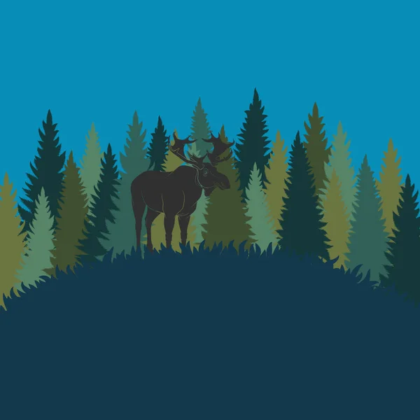 Paisaje Forestal Con Alces Bosque Abetos Fondo Color Vectorial — Vector de stock